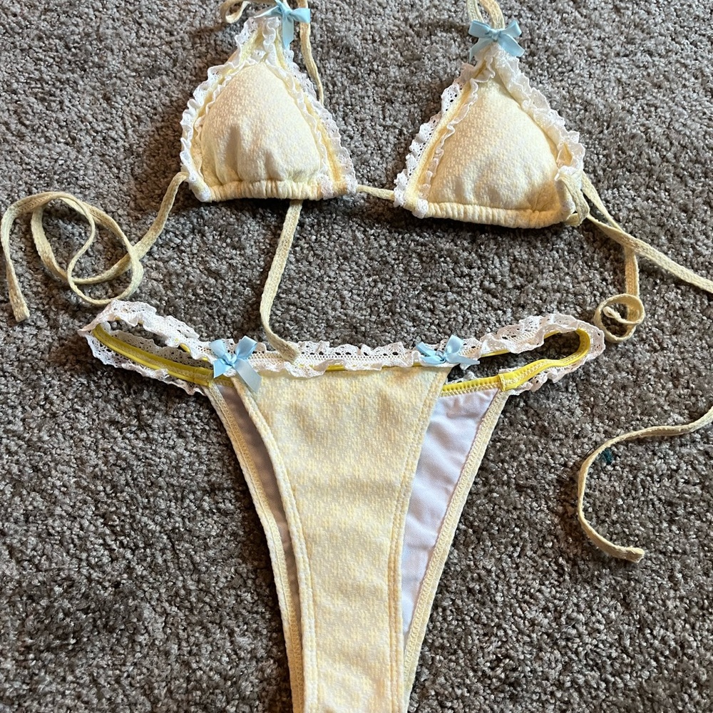 Yellow Lace Trim Bikini Set